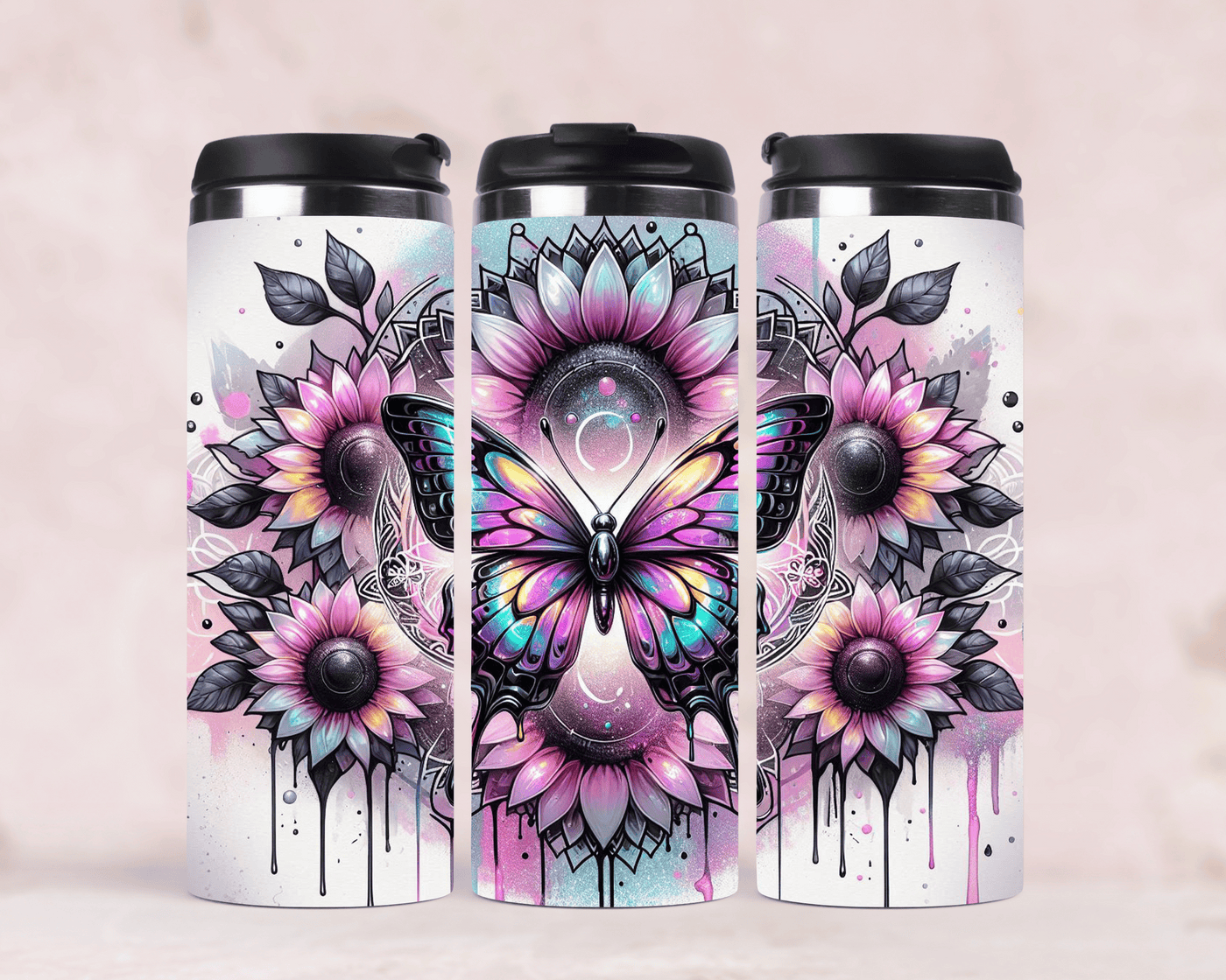 Thermobecher mit Motiv: Schmetterling mit Sonnenblumen Edelstahlbecher 340 ml