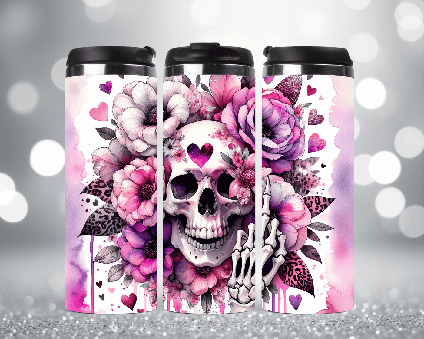 Thermobecher mit Motiv: Skull, Mittelfinger, Blumen & Herzen Edelstahlbecher 340 ml