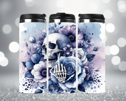 Thermobecher mit Motiv: Skull, Mittelfinger, Leopardenmuster & lila Blumen Edelstahlbecher 340 ml