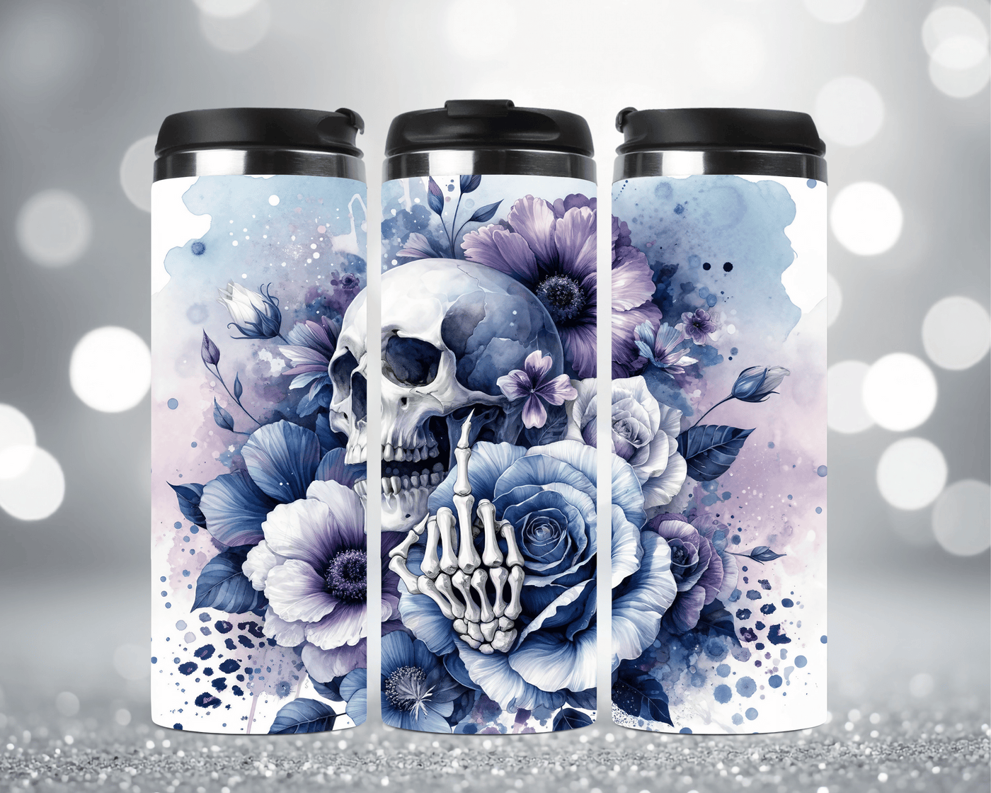 Thermobecher mit Motiv: Skull, Mittelfinger, Leopardenmuster & lila Blumen Edelstahlbecher 340 ml