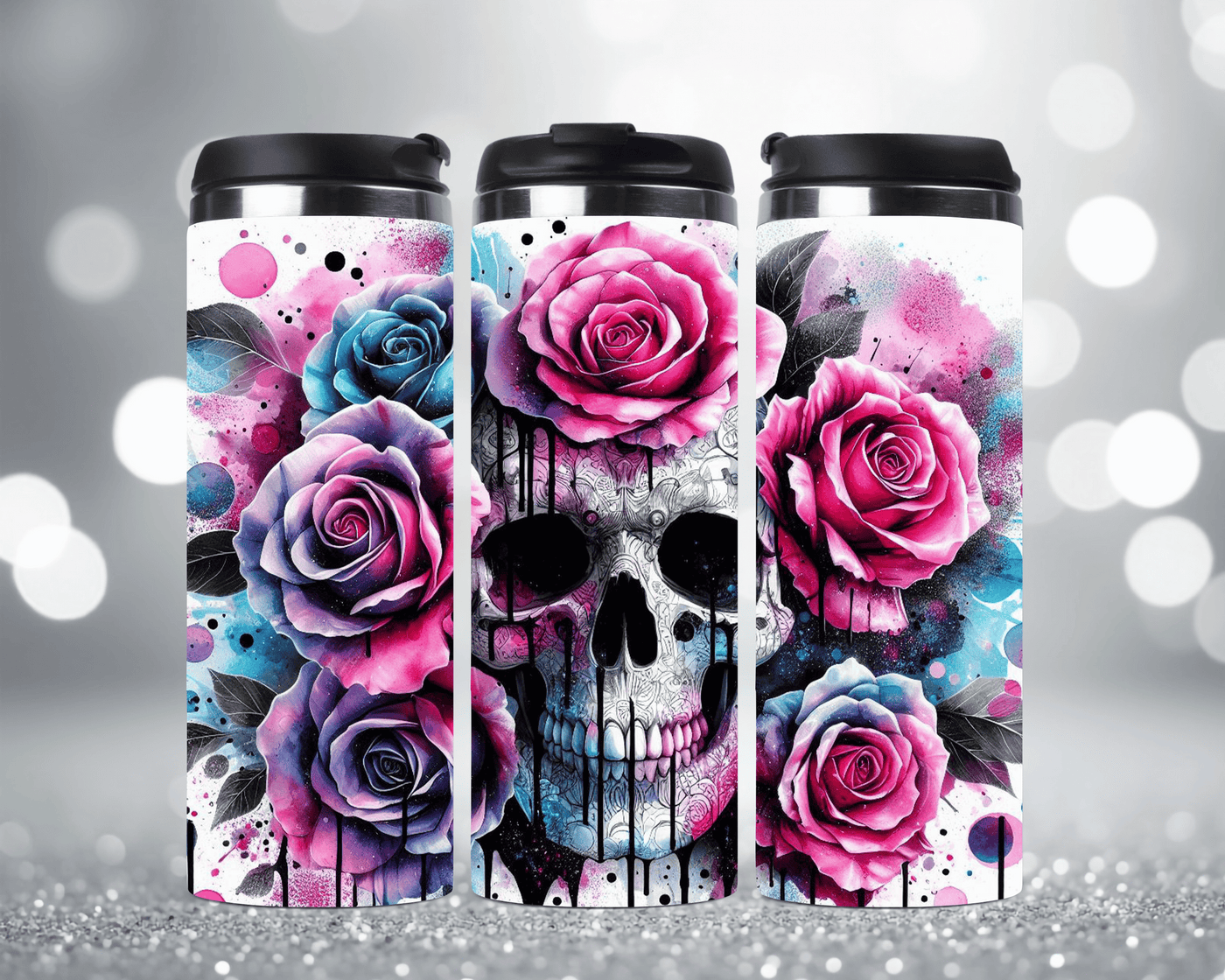 Thermobecher mit Motiv: Skull & Rosen  Edelstahlbecher 340 ml