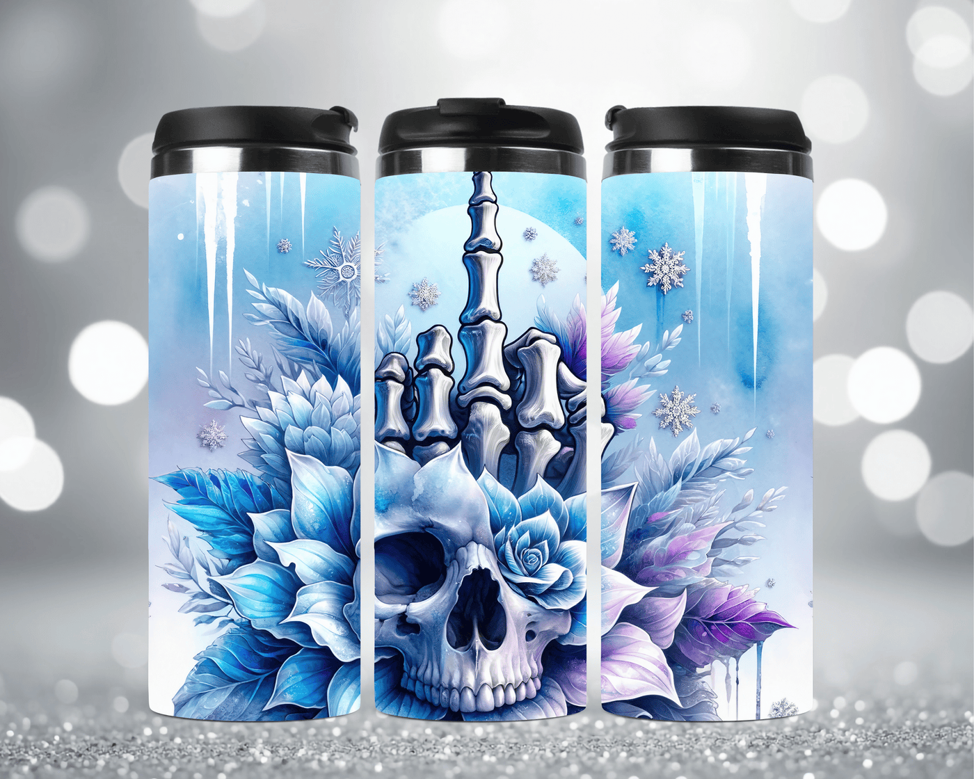 Thermobecher mit Motiv: Skull mit Blumen & Schneeflocken  Edelstahlbecher 340 ml