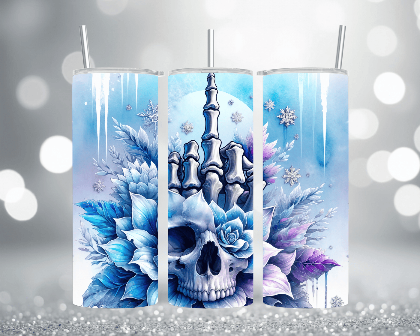 Thermobecher mit Motiv: Skull mit Blumen & Schneeflocken  Edelstahlbecher 570 ml