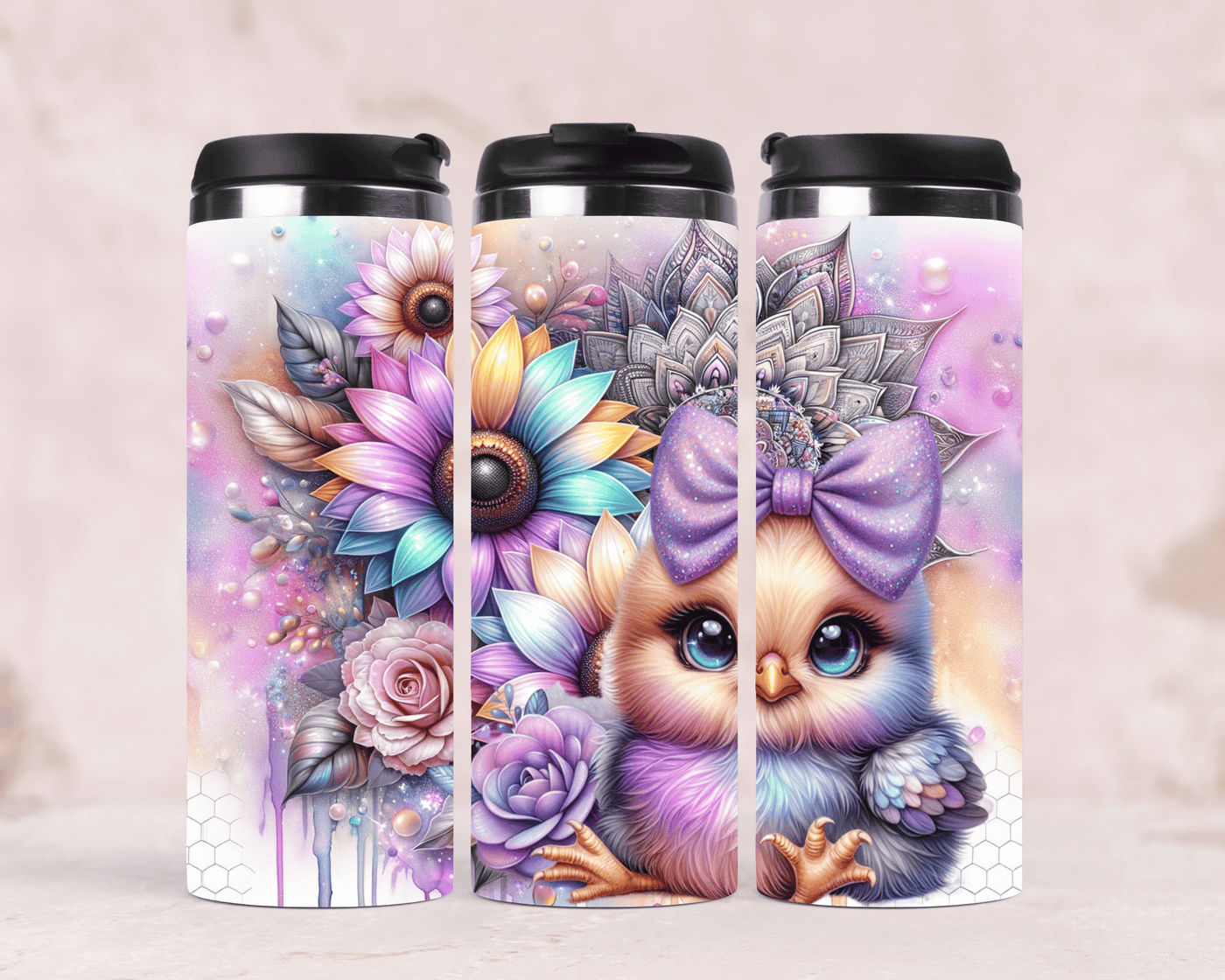 Thermobecher mit Motiv: Süße Küken mit Schleife & Rose Edelstahlbecher 340 ml