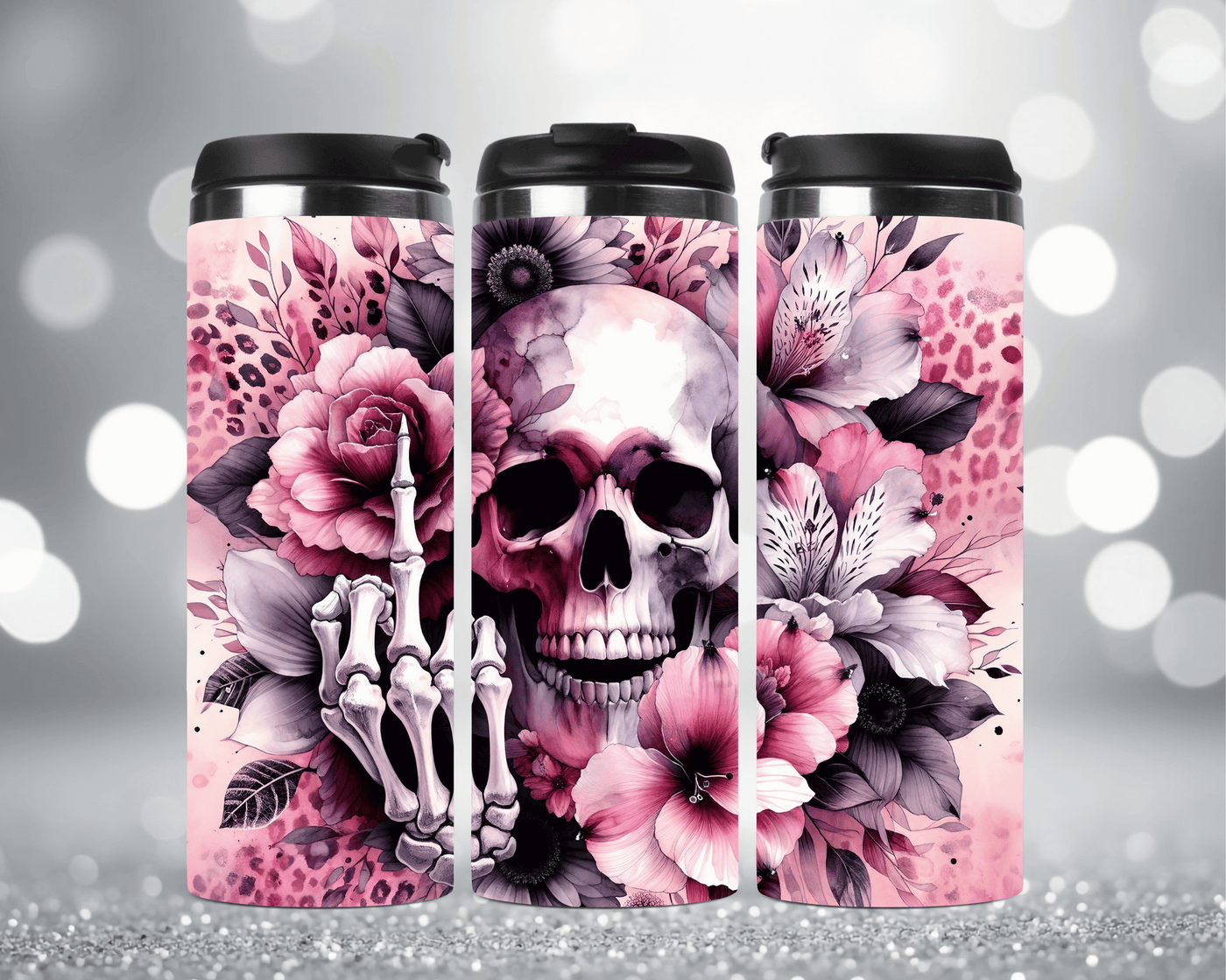 Thermobecher mit Motiv: Totenkopf, Mittelfinger & Blumen in Pink Edelstahlbecher 340 ml