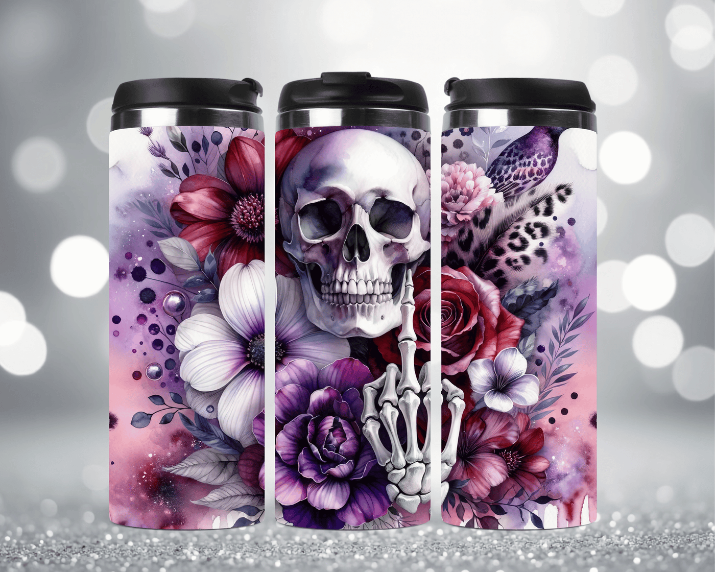 Thermobecher mit Motiv: Totenkopf mit Blume, Mittelfinger & Leopardenmuster  Edelstahlbecher 340 ml