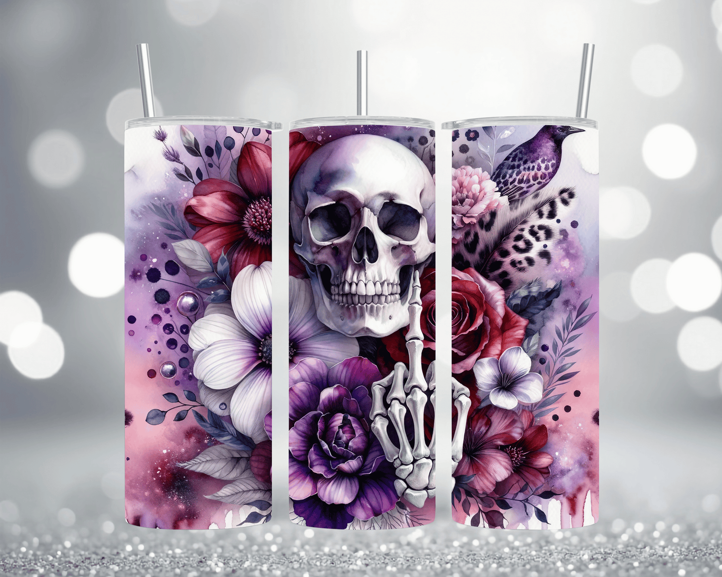 Thermobecher mit Motiv: Totenkopf mit Blume, Mittelfinger & Leopardenmuster  Edelstahlbecher 570 ml