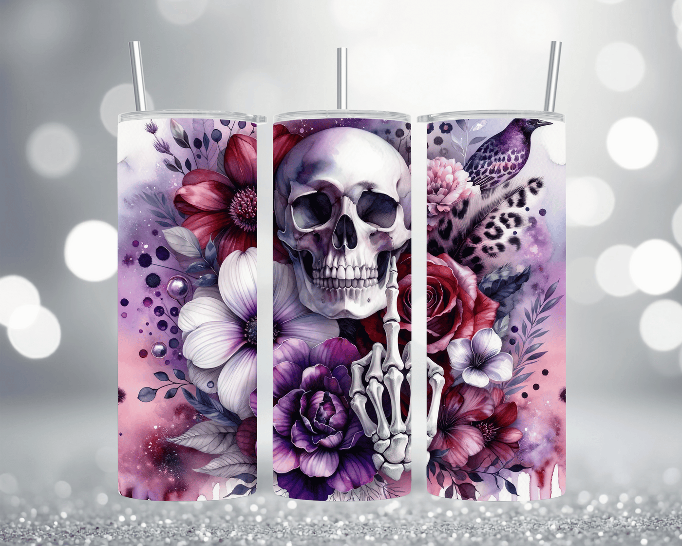 Thermobecher mit Motiv: Totenkopf mit Blume, Mittelfinger & Leopardenmuster  Edelstahlbecher 570 ml