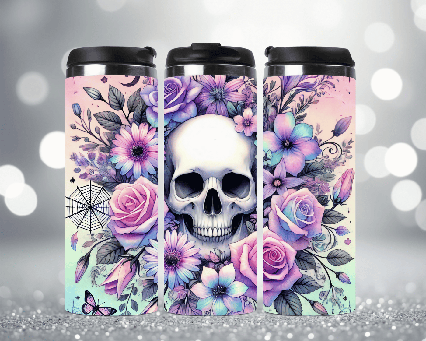 Thermobecher mit Motiv: Totenkopf mit Blumen Modernes Design  Edelstahlbecher 340 ml