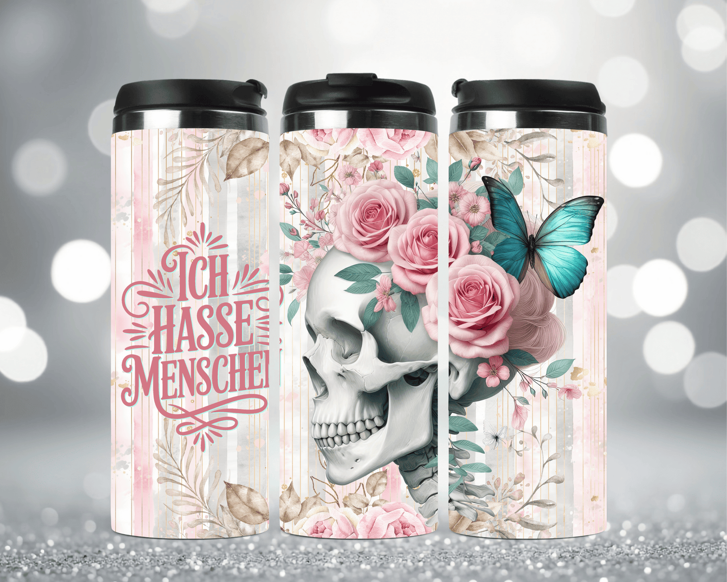 Thermobecher mit Motiv: Totenkopf mit Spruch „Ich hasse Menschen“ Edelstahlbecher 340 ml