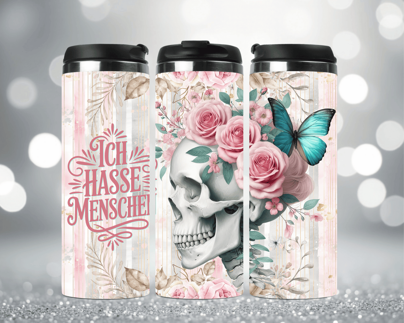 Thermobecher mit Motiv: Totenkopf mit Spruch „Ich hasse Menschen“ Edelstahlbecher 340 ml