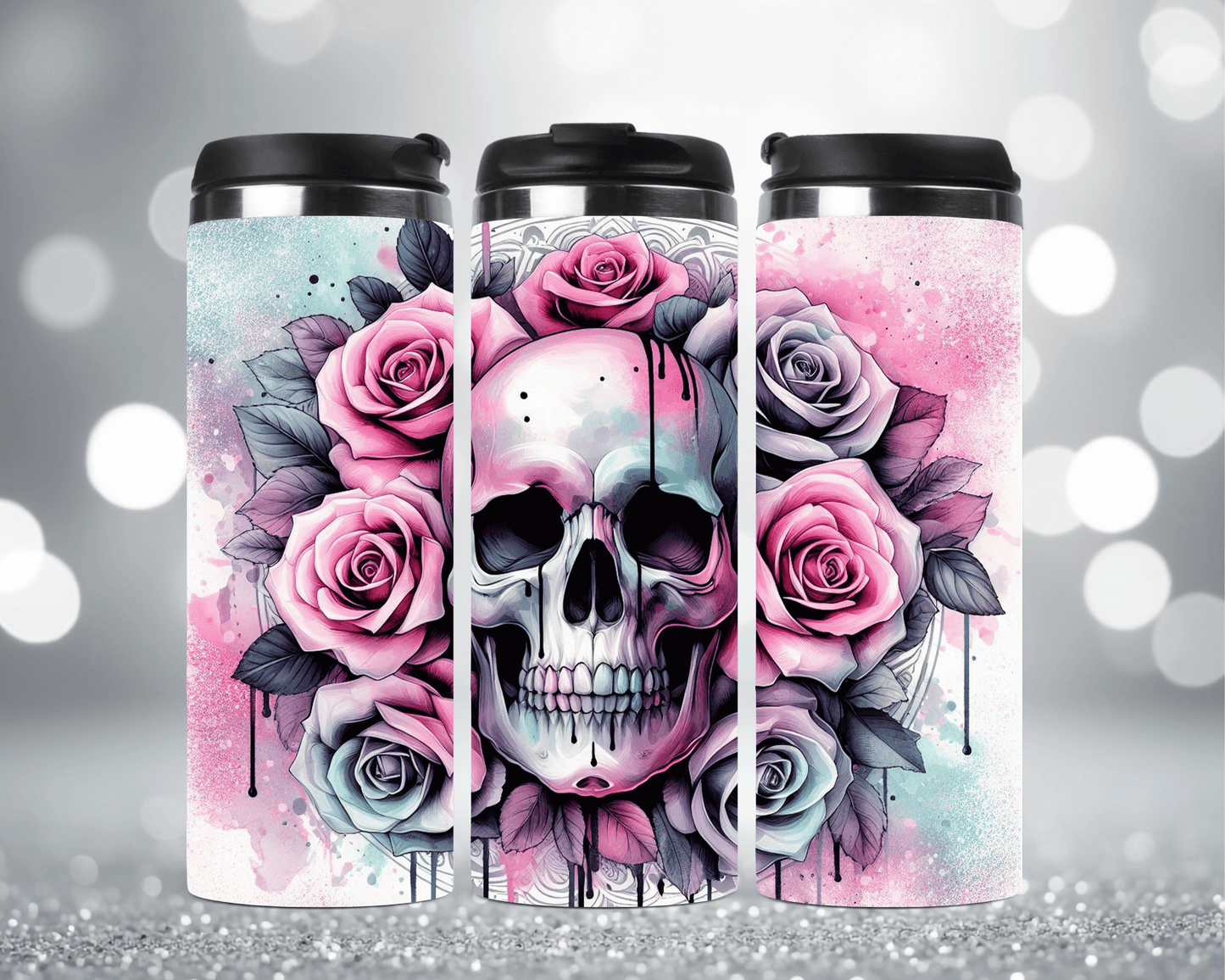 Thermobecher mit Motiv: Totenkopf mit modernen Rosen Edelstahlbecher 340 ml