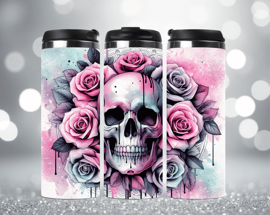 Thermobecher mit Motiv: Totenkopf mit modernen Rosen Edelstahlbecher 340 ml
