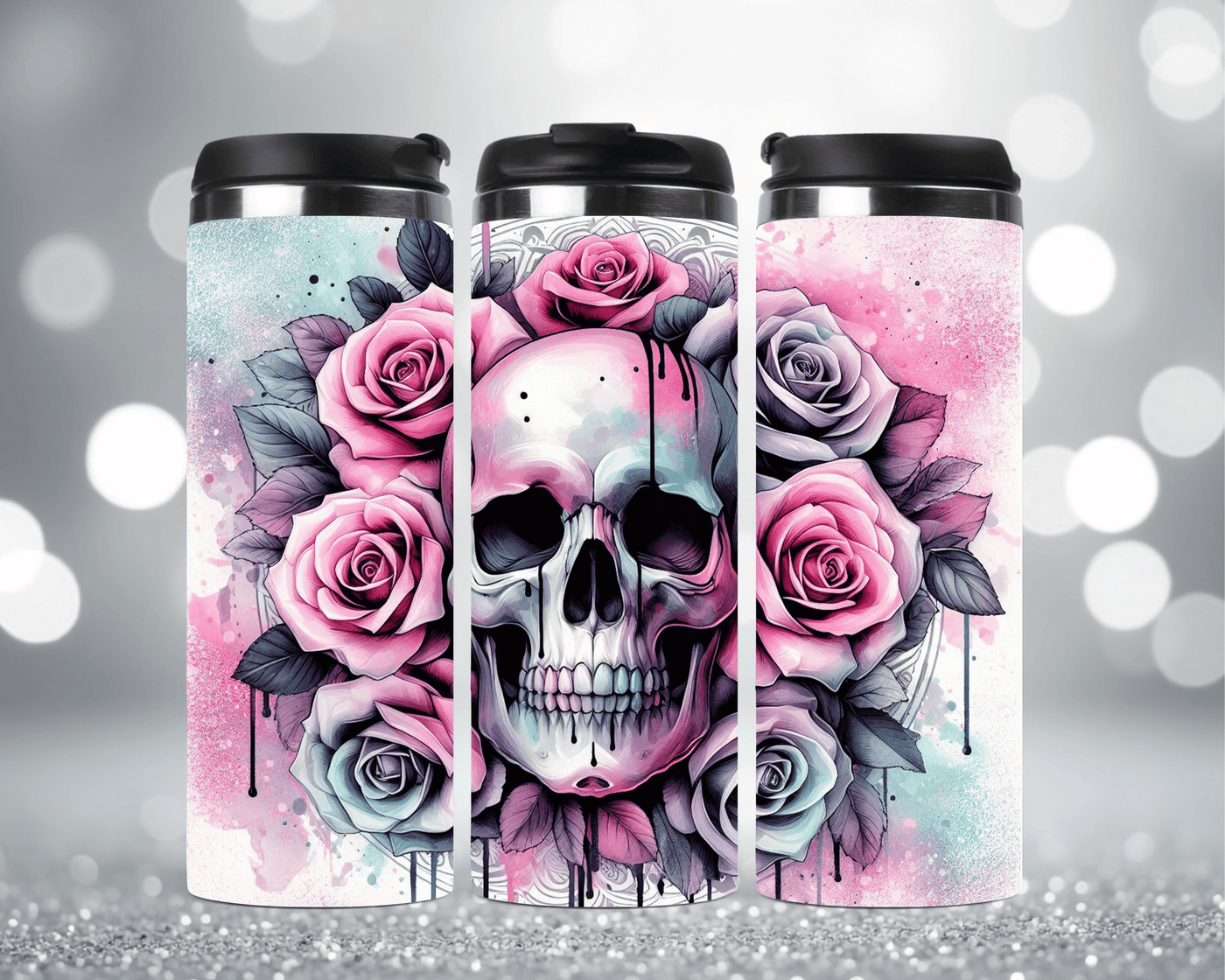 Thermobecher mit Motiv: Totenkopf mit modernen Rosen Edelstahlbecher 340 ml