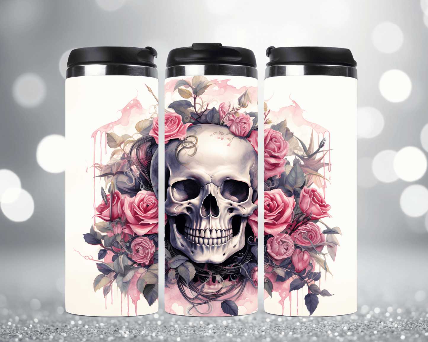 Thermobecher mit Motiv: Totenkopf mit rosa Rosen  Edelstahlbecher 340 ml