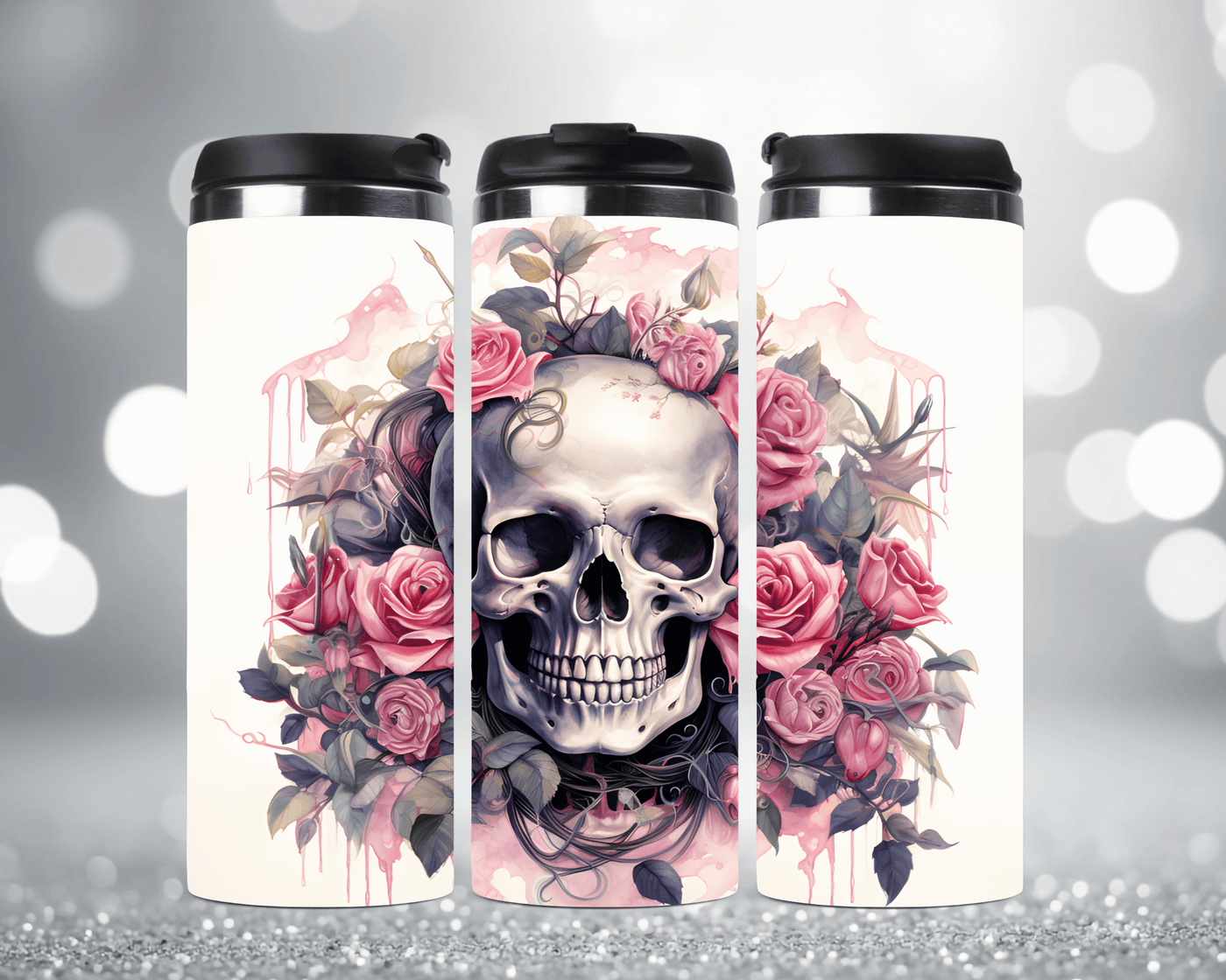 Thermobecher mit Motiv: Totenkopf mit rosa Rosen  Edelstahlbecher 340 ml