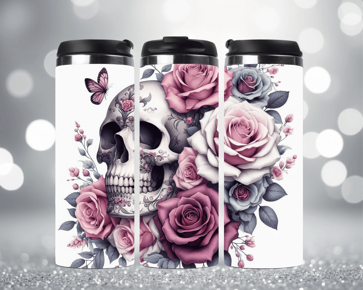 Thermobecher mit Motiv: Totenkopf mit wunderschönen Rosen Edelstahlbecher 340 ml