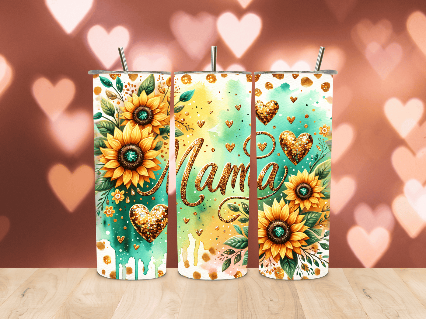Thermobecher mit Sonnenblume,Herzen und Mama