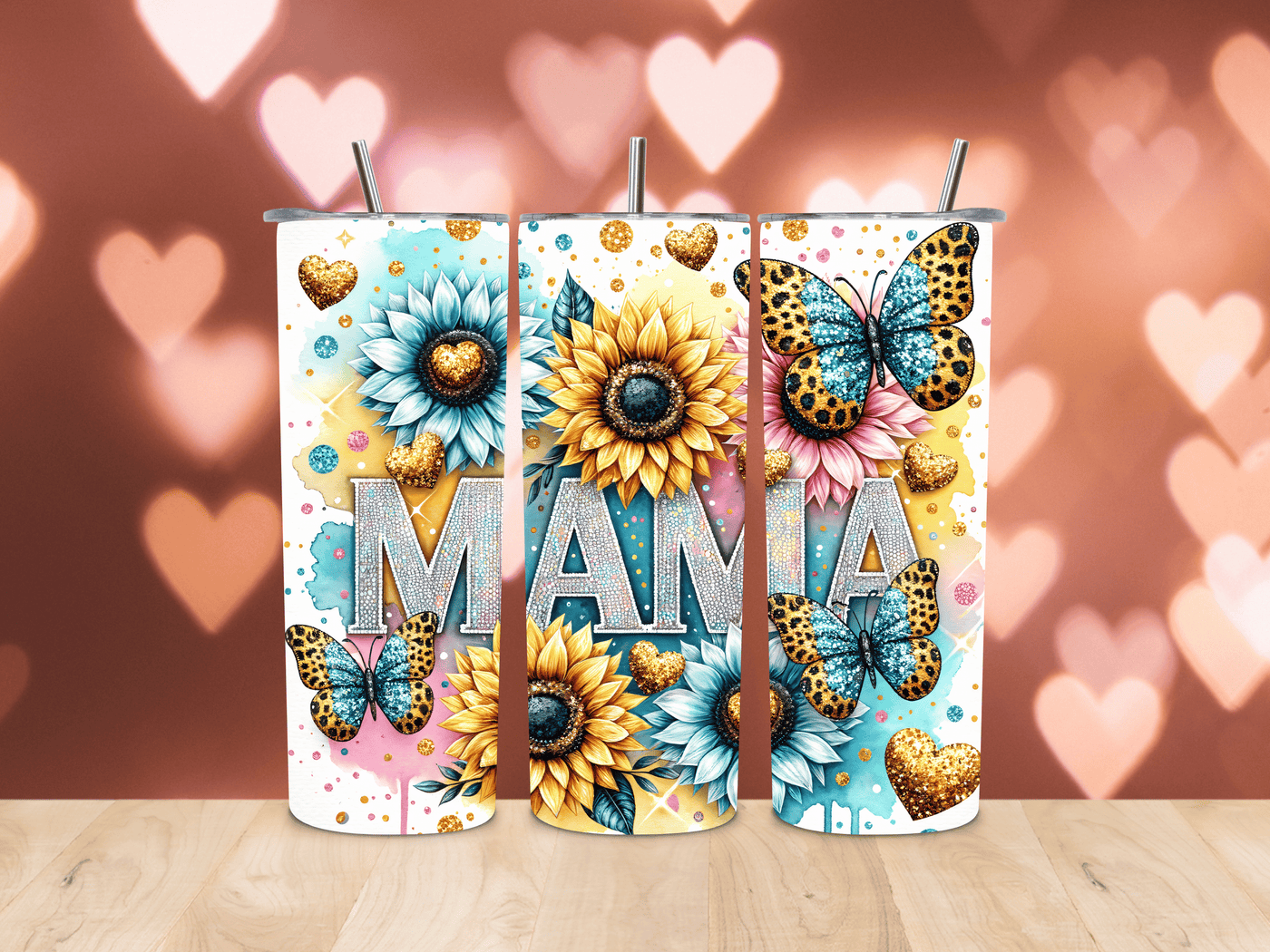 Thermobecher mit Sonnenblume,Schmetterlinge und Mama