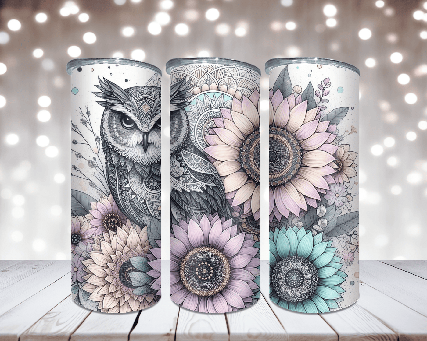 Thermobecher „Niedliche Eule mit Sonnenblumen“