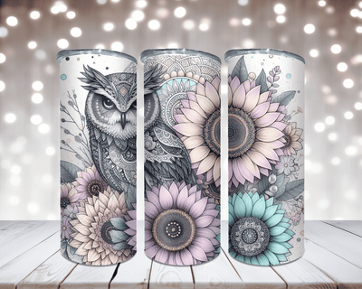 Thermobecher „Niedliche Eule mit Sonnenblumen“