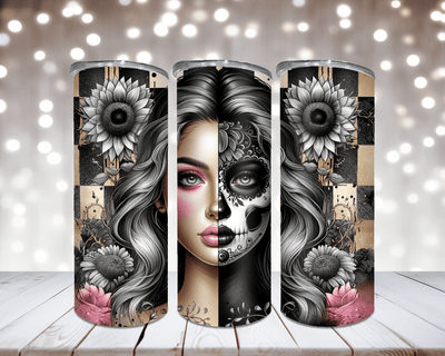 Thermobecher Woman mit 2 Gesichtern und schwarzen Blumen