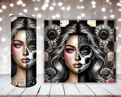 Thermobecher Woman mit 2 Gesichtern und schwarzen Blumen