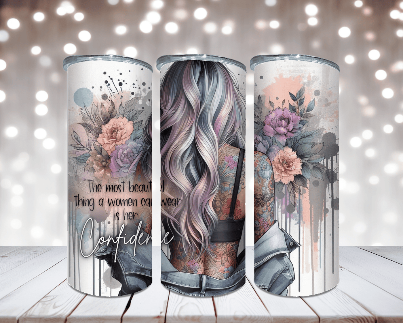 Thermobecher Woman tätowiert, Blumen und Spruch