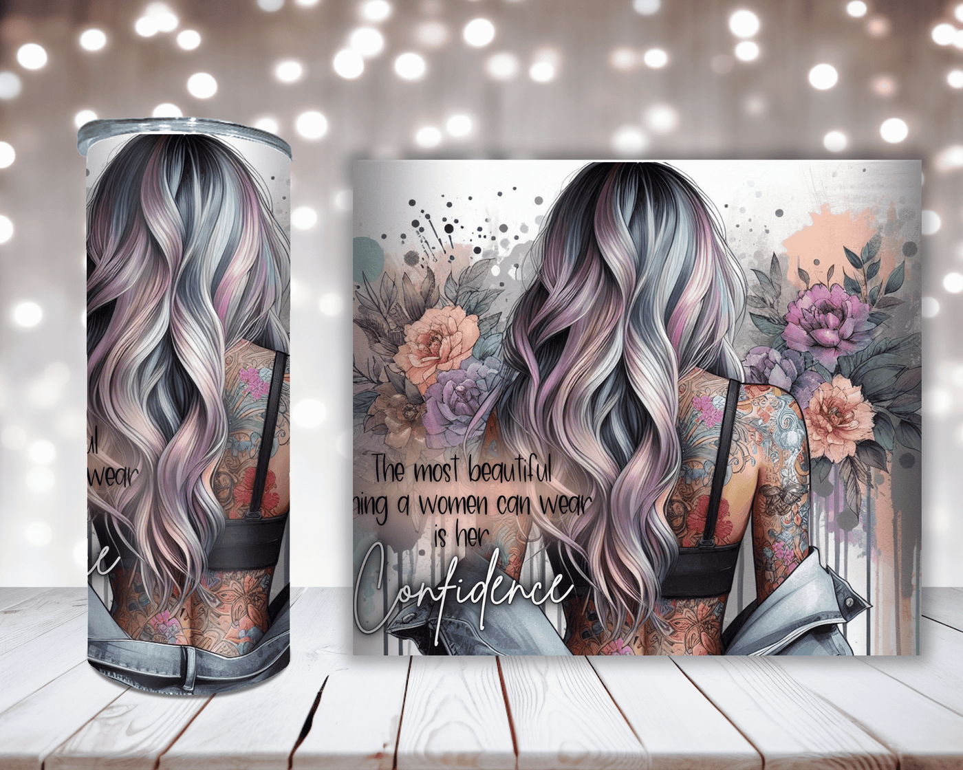 Thermobecher Woman tätowiert, Blumen und Spruch