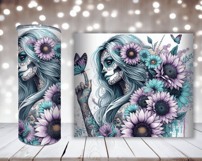 Thermobecher „Woman Schmetterling und Sonnenblumen Türkis/Lila“