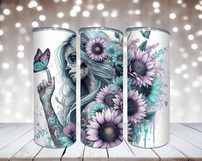 Thermobecher „Woman Schmetterling und Sonnenblumen Türkis/Lila“