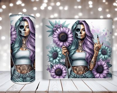 Thermobecher „Woman Mittelfinger und Sonnenblumen Türkis/Lila“