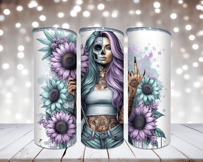 Thermobecher „Woman Mittelfinger und Sonnenblumen Türkis/Lila“