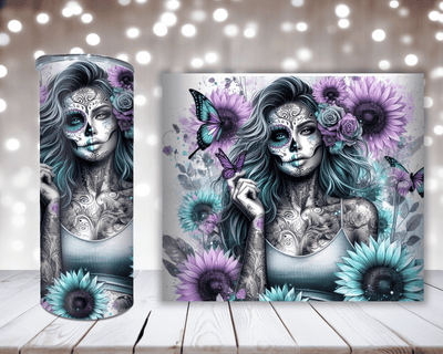 Thermobecher „Woman Rosen, Schmetterling und Sonnenblumen Türkis/Lila“