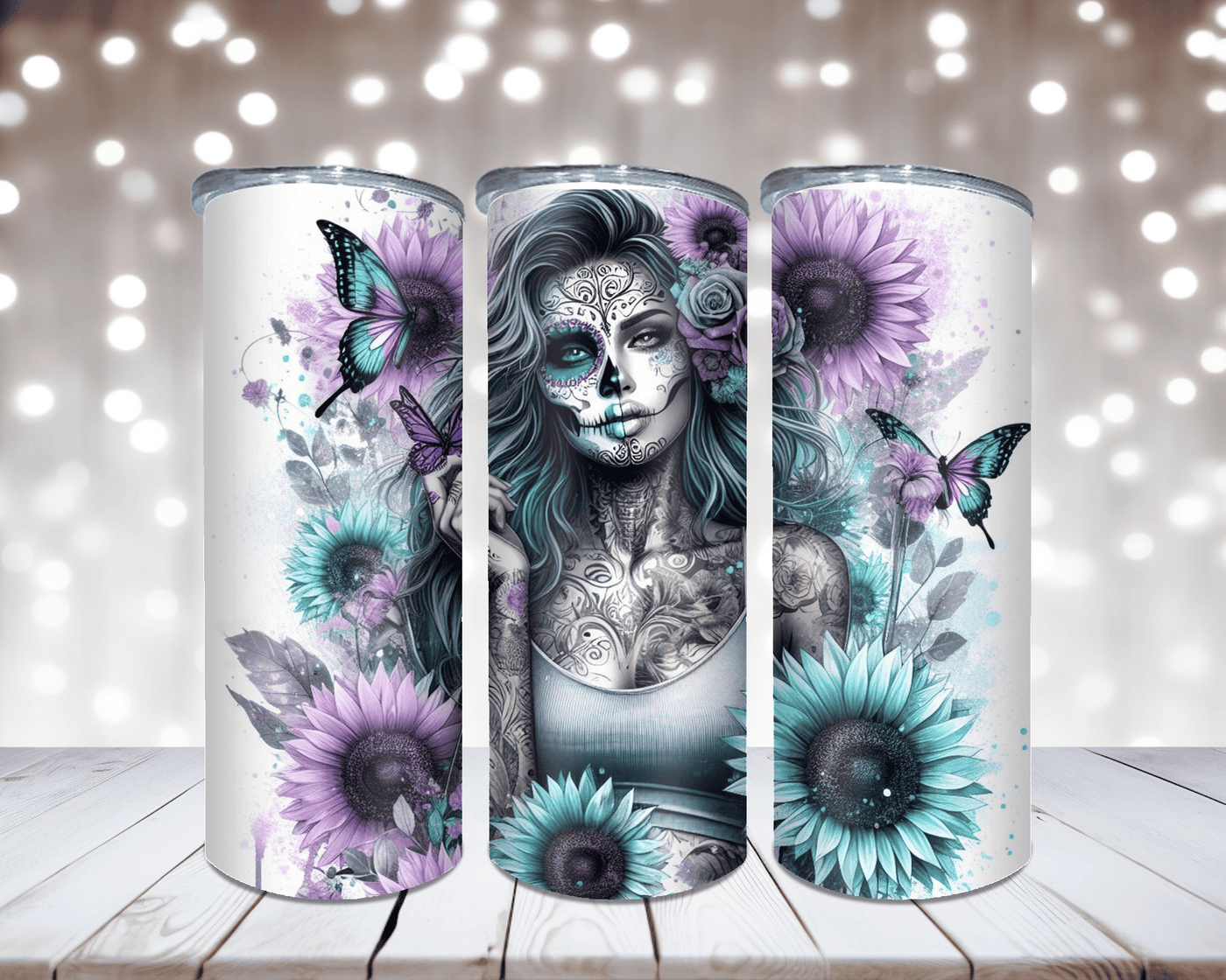 Thermobecher „Woman Rosen, Schmetterling und Sonnenblumen Türkis/Lila“