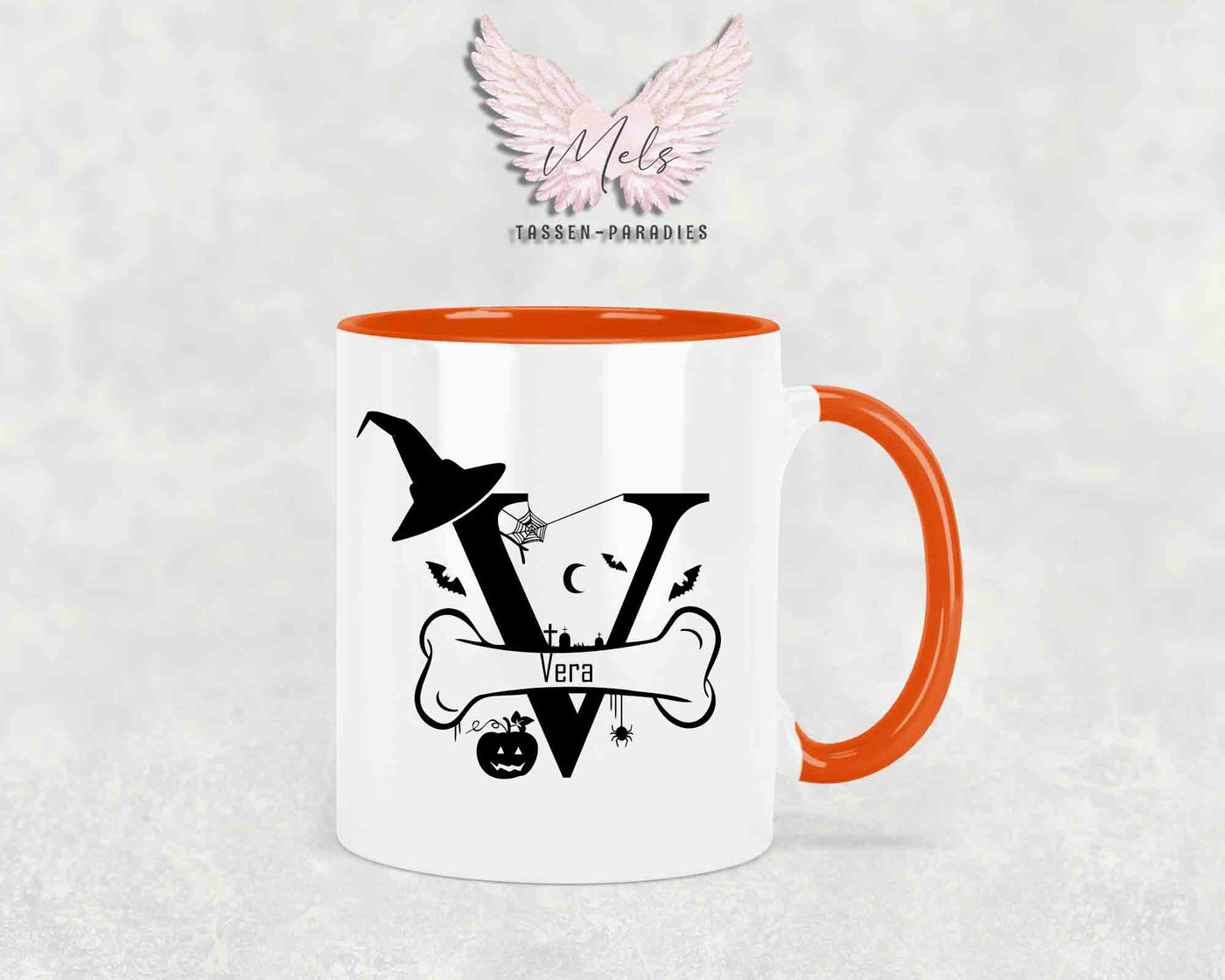 Halloween-Alphabet mit Name - Personalisierte Keramik-Tasse Orange