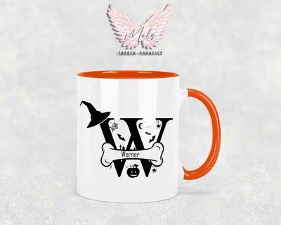 Halloween-Alphabet mit Name - Personalisierte Keramik-Tasse Orange