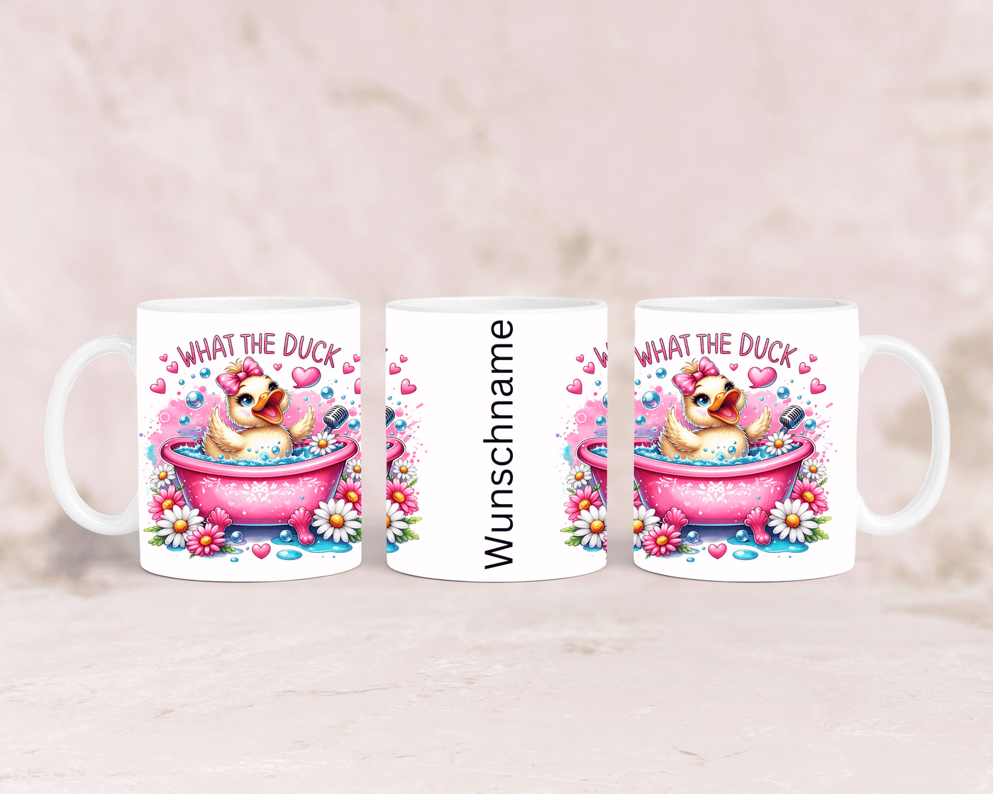 Tasse mit süßer rosa Ente und dem Spruch „What the Duck“ – personalisierbar