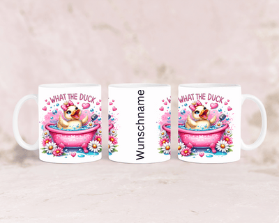 Tasse mit süßer rosa Ente und dem Spruch „What the Duck“ – personalisierbar