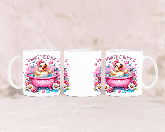 Tasse mit süßer rosa Ente und dem Spruch „What the Duck“ – personalisierbar