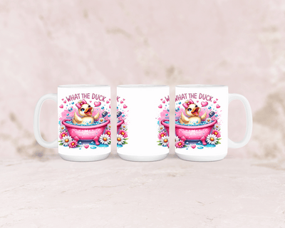 Tasse mit süßer rosa Ente und dem Spruch „What the Duck“ – personalisierbar
