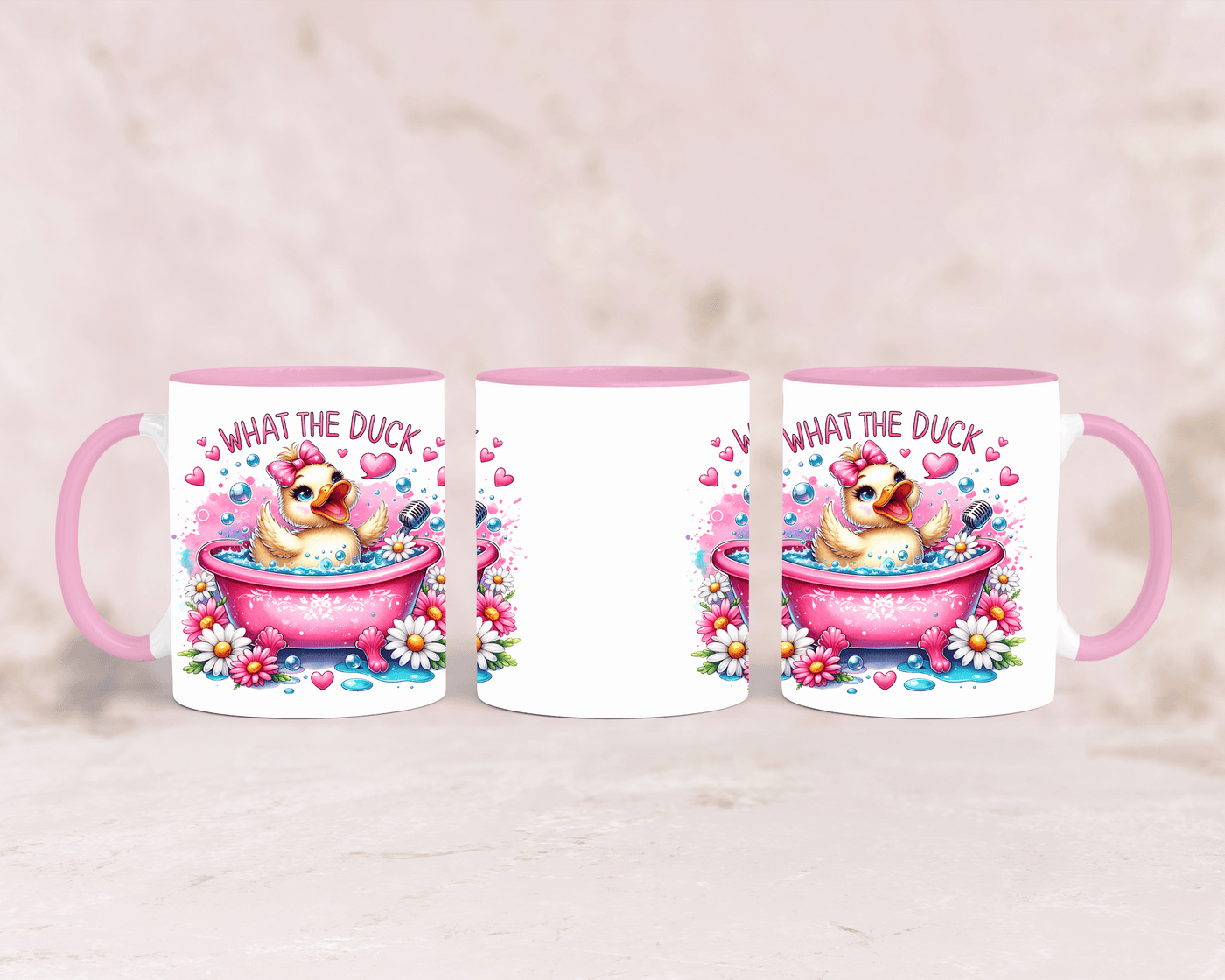 Tasse mit süßer rosa Ente und dem Spruch „What the Duck“ – personalisierbar