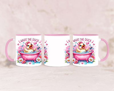 Tasse mit süßer rosa Ente und dem Spruch „What the Duck“ – personalisierbar