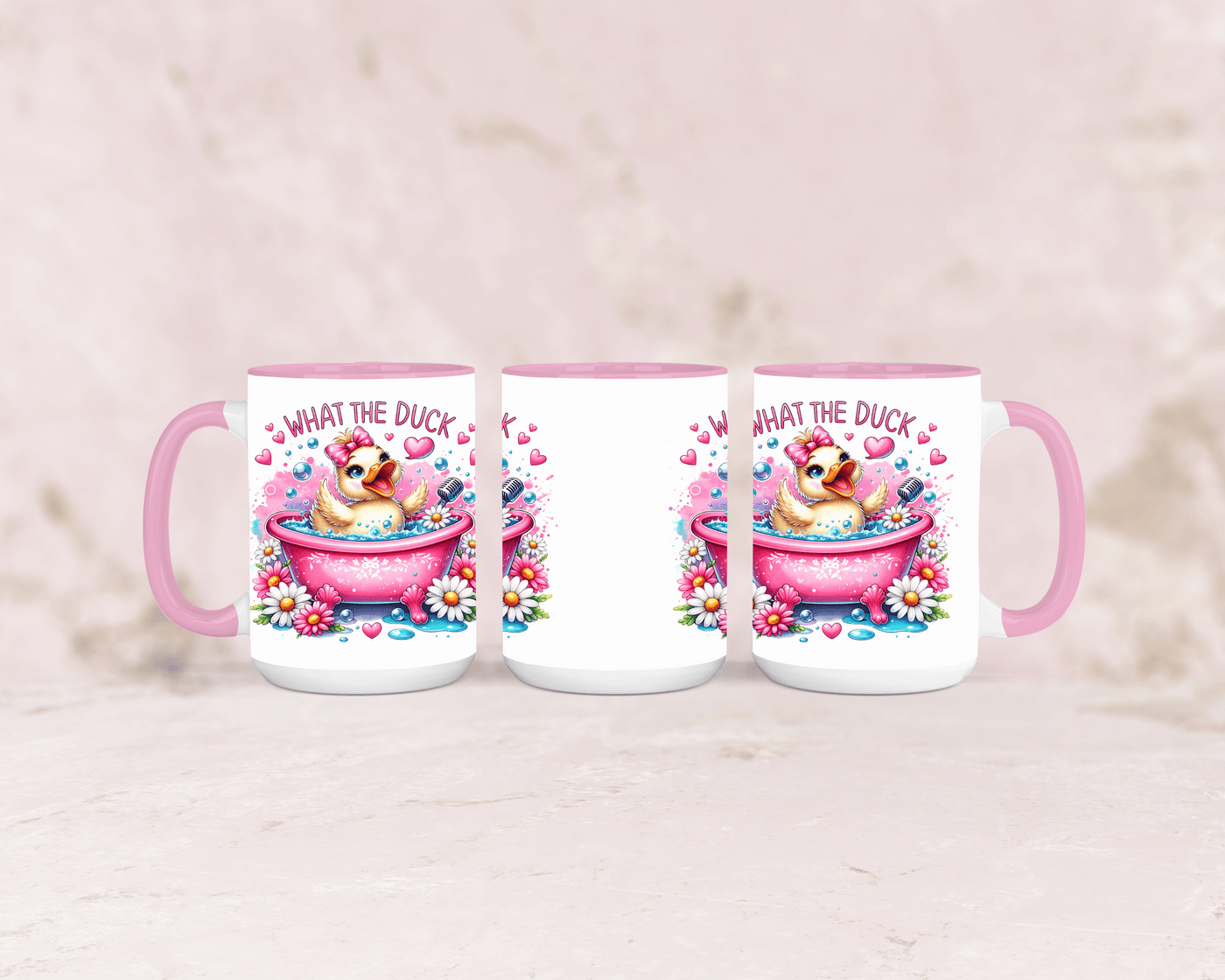 Tasse mit süßer rosa Ente und dem Spruch „What the Duck“ – personalisierbar