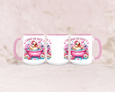 Tasse mit süßer rosa Ente und dem Spruch „What the Duck“ – personalisierbar