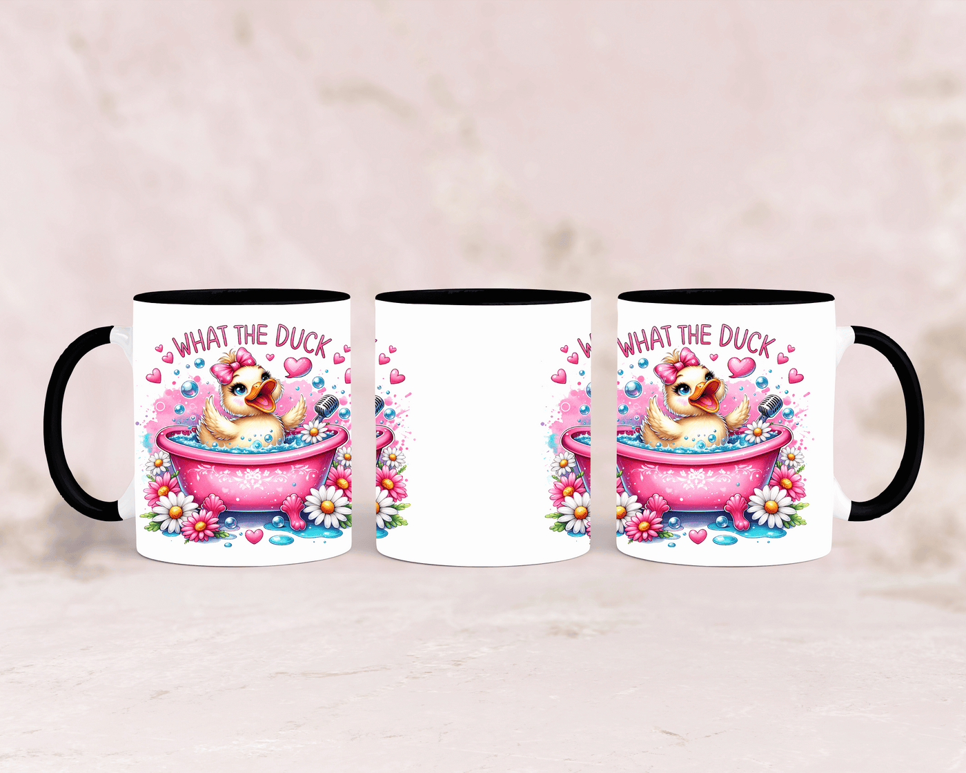 Tasse mit süßer rosa Ente und dem Spruch „What the Duck“ – personalisierbar