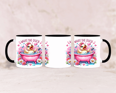 Tasse mit süßer rosa Ente und dem Spruch „What the Duck“ – personalisierbar