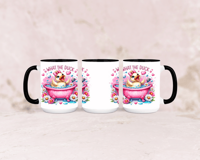 Tasse mit süßer rosa Ente und dem Spruch „What the Duck“ – personalisierbar