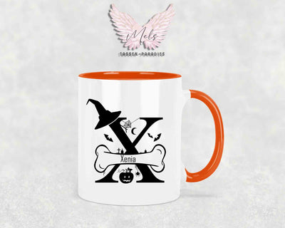 Halloween-Alphabet mit Name - Personalisierte Keramik-Tasse Orange