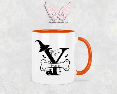 Halloween-Alphabet mit Name - Personalisierte Keramik-Tasse Orange